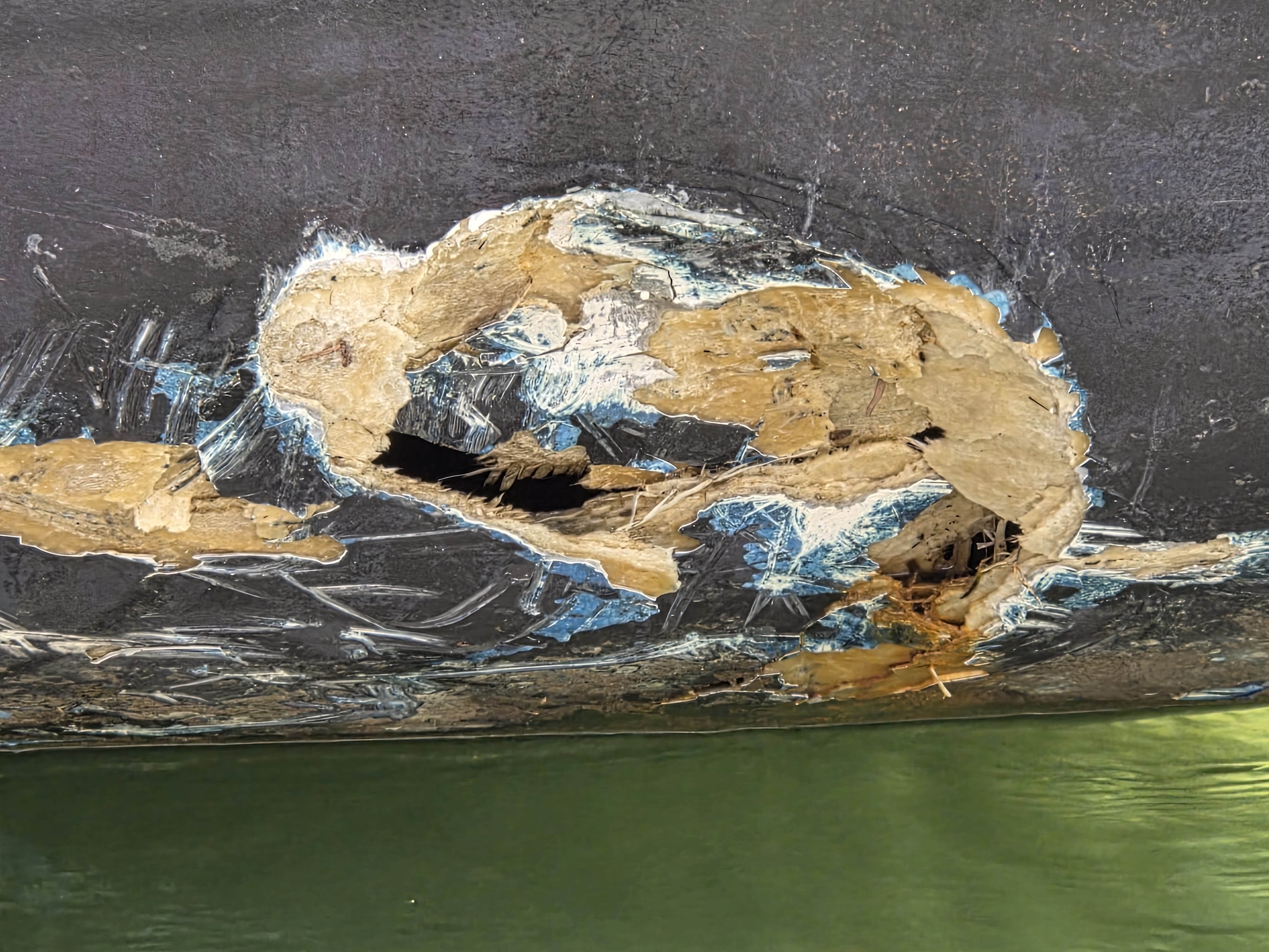 Large hole punched through the fibreglass hull below the waterline, internal timber structure exposed